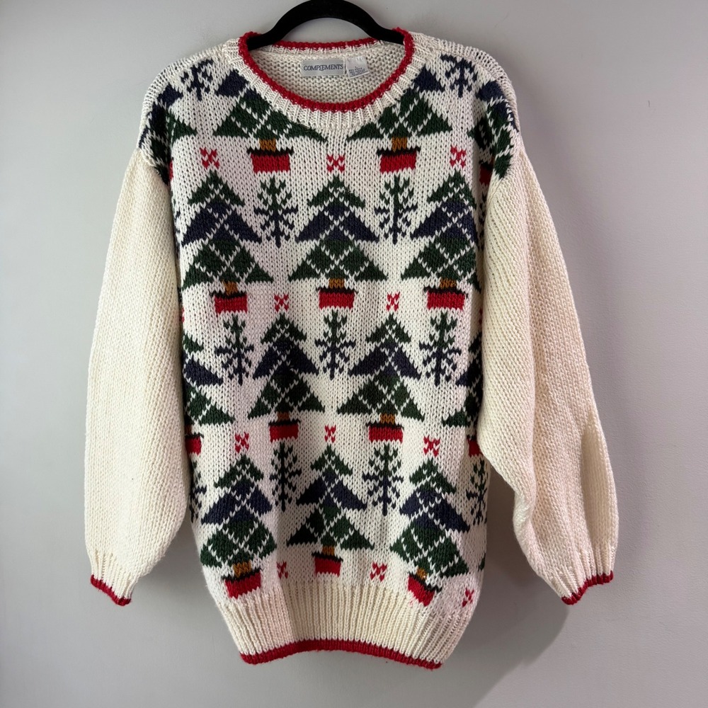 Vintage Complements Christmas Tree Sweater Large Cream  Holiday Knit Pullover